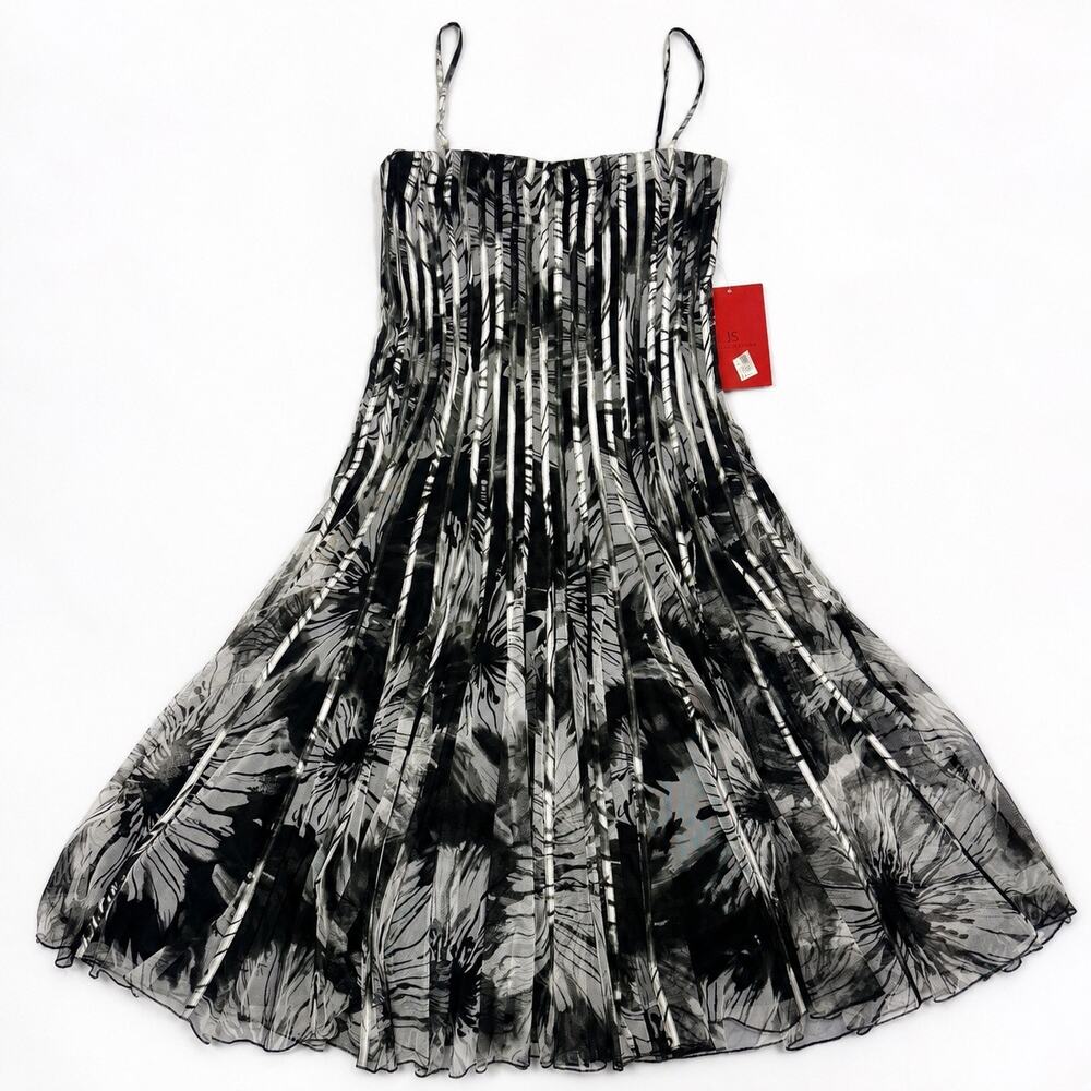 JS Collections NWT Pleated Mesh Floral Midi Dress Black White Size 10